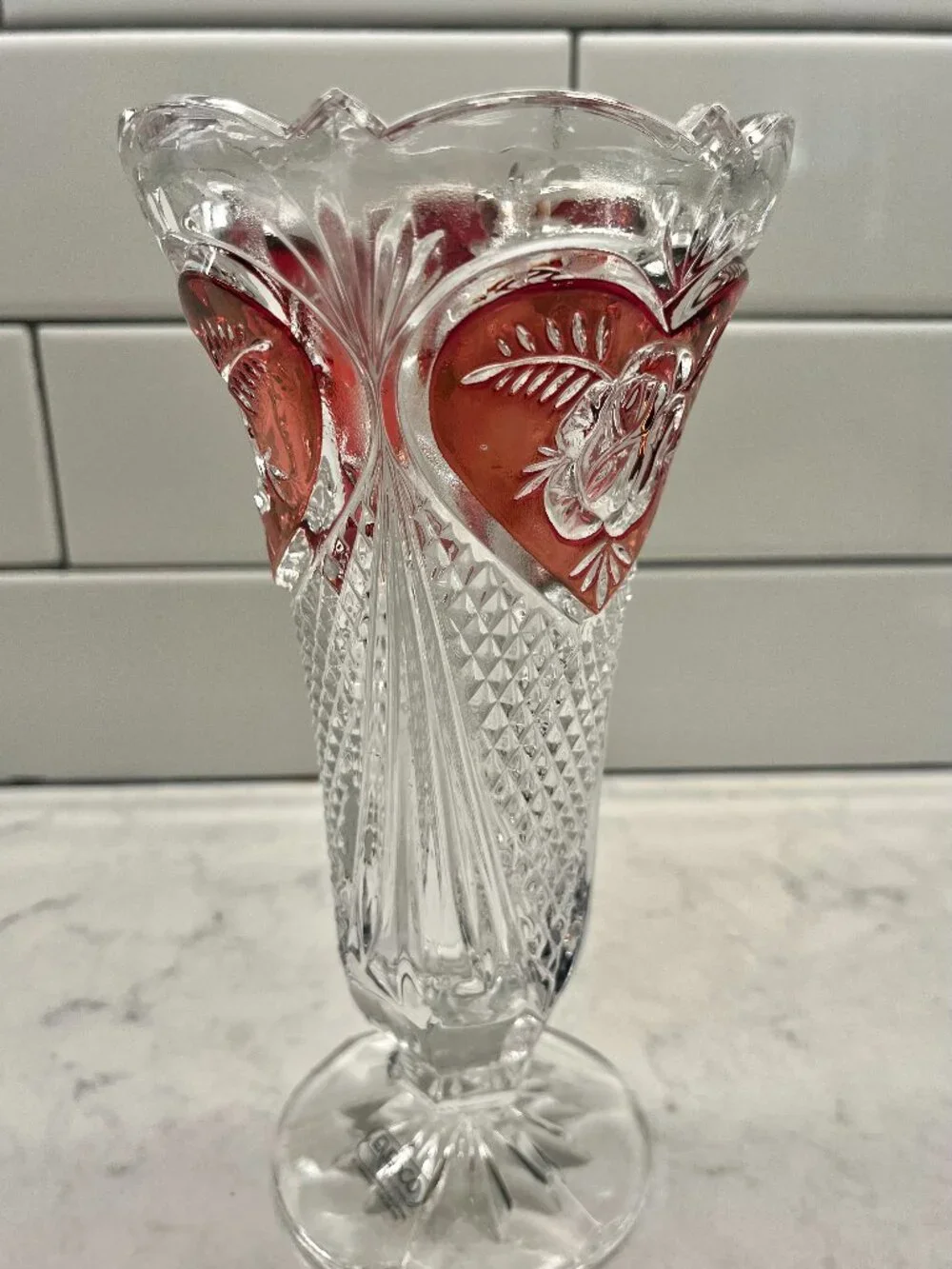 Vintage Enesco Lead Crystal Colored Heart Rose Vase, 8”H
